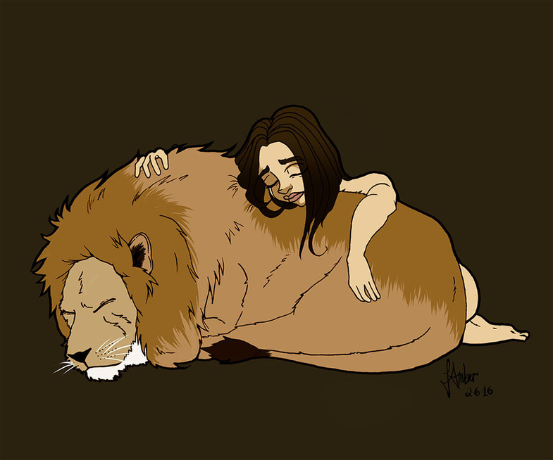 Sad brunette girl hugging a dead or sleeping lion