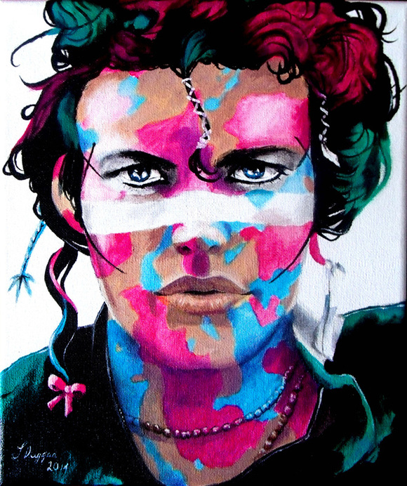 Acrylic painting portrait of Adam Ant with patches of pink and turquoise
