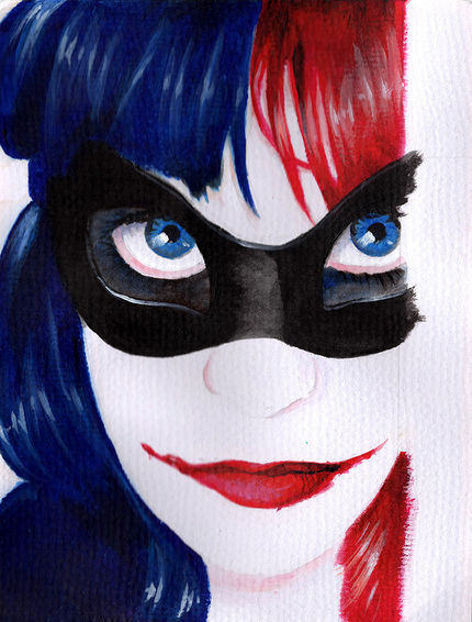 Watercolour portrait of a girl with blue and red hair and a black mask