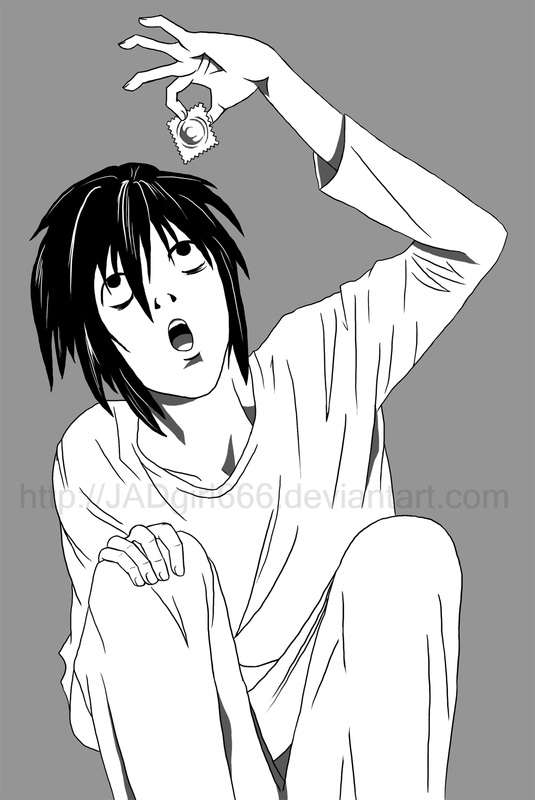 L Lawliet from Death Note holding a condom and thinks its candy