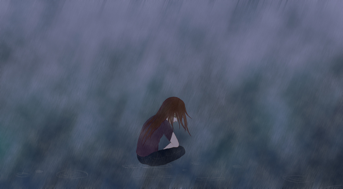 Sad girl crying while sitting in rain, looking down