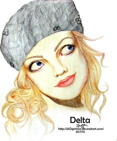Pencil drawing of Delta Goodrem's face looking happy
