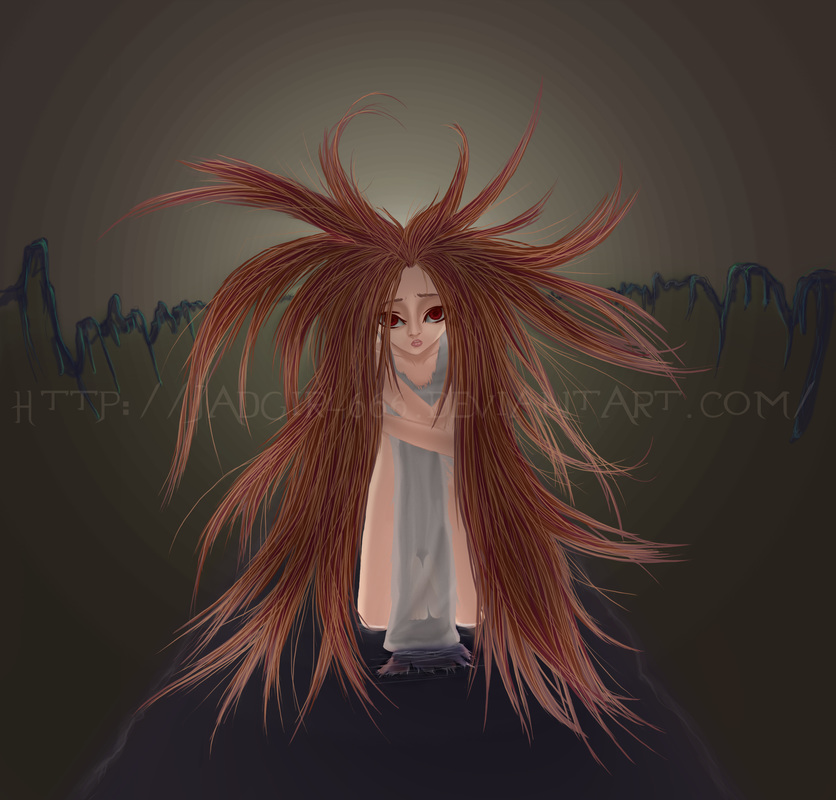 Girl with red eyes and wild hair, scared in a sewer pipe