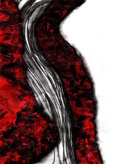 Traditional painting/drawing of a sensual abstract wiith red and black curves