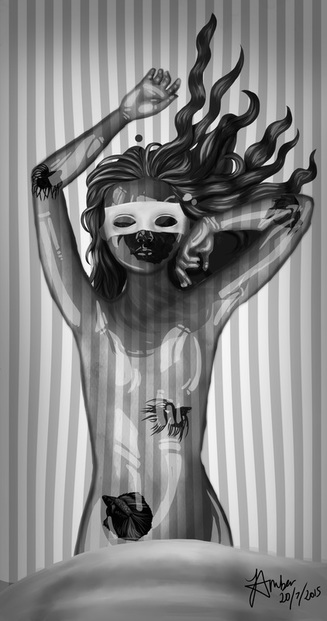 Greyscale picture of a girl made of glass with fish swimming inside her