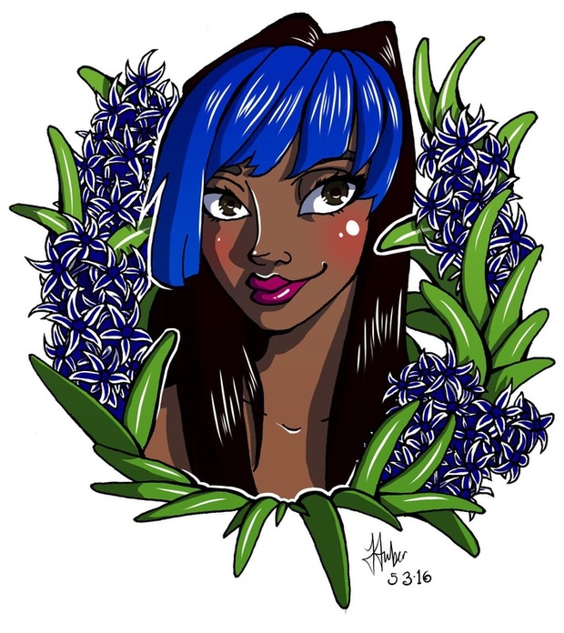 Indian girl with blue fringe bangs, surrounded by blue flowers