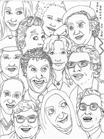 Outline drawing of many famous faces in a montage
