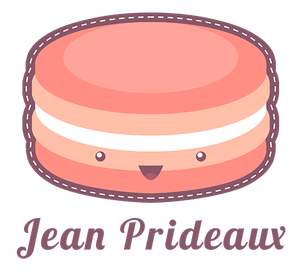 Illustration of a happy macaron with a sewn edge and the text Jean Prideaux underneath