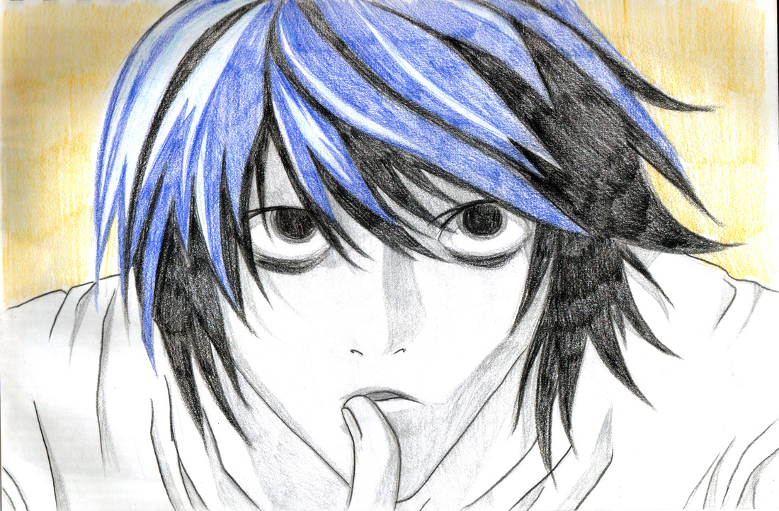 Pencil drawing of L Lawliet's face looking at viewer with thumb to lip
