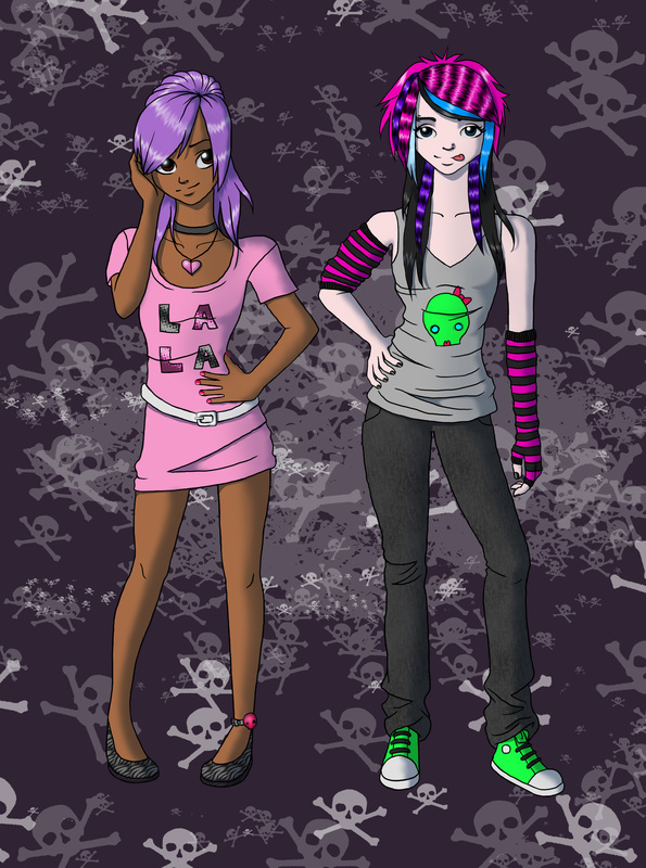 Two teenagers in front of skulls wearing punk clothing and dyed hair