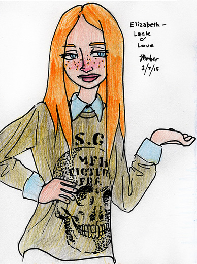Drawing of an orange-haired girl in a skull sweater
