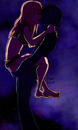 Girl and boy passionately kissing under a starry night sky
