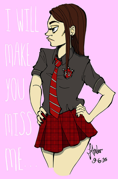 Angry sassy teenager with hands on hips wearing school uniform looks to the left