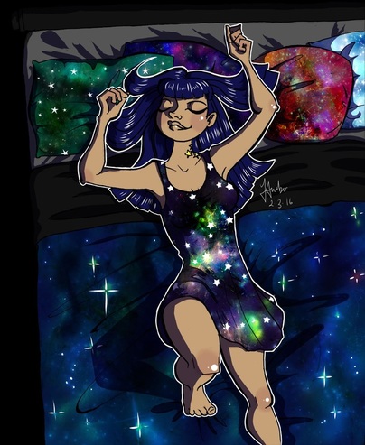 Asian woman lies in bed wearing a galaxy dress, everything has stars and nebula texture