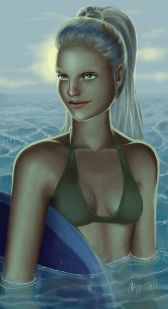 Digital painting of a blonde girl in the ocean holding a surfboard
