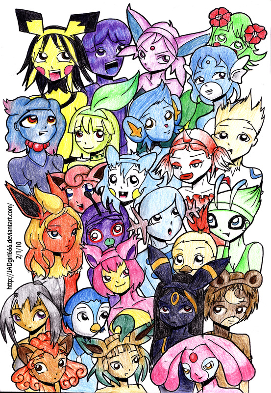 Anime people cosplaying as Pokemon characters including Pichu, Eevee, Dratini, Bellossom, Jigglypuff, Flareon, Togepi, Venonat and Skitty
