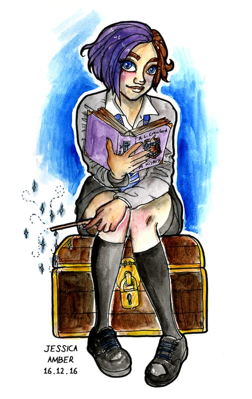 A teenage girl in a school uniform sits on a teasure chest while reading a book and holding a wand