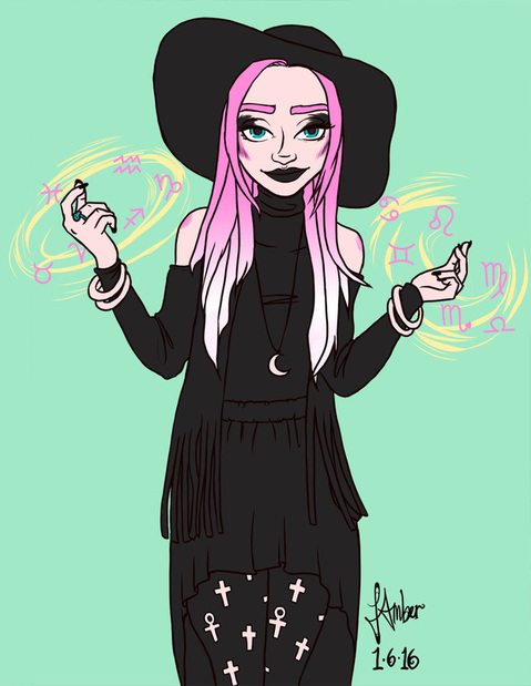 Woman in black with big hat and pink hair casts magic spells about star signs