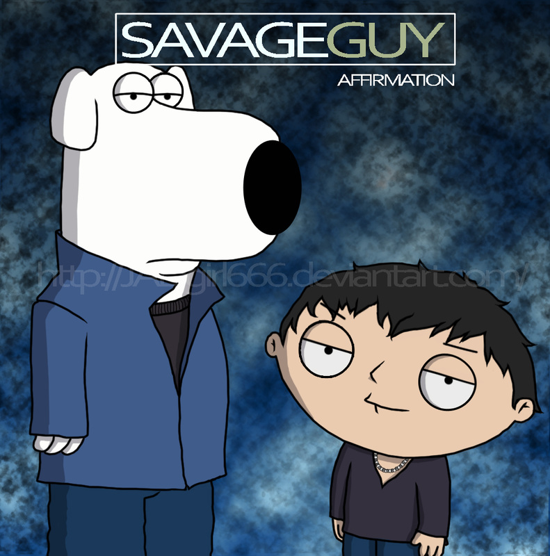 Stewie Griffin and Brian from Family Guy satirising Savage Garden's Affirmation album cover