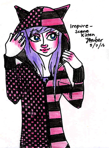 Purple-haired teenager wearing a pink and black hoodie