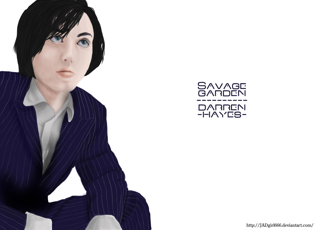 Portrait of a young Darren Hayes from Savage Garden in a pinstripe suit
