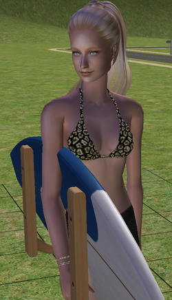 Screenshot from The Sims 2 of a blonde girl holding a surfboard