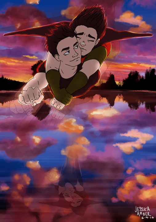 Connor Kent and Tim Drake flying over lake at sunset