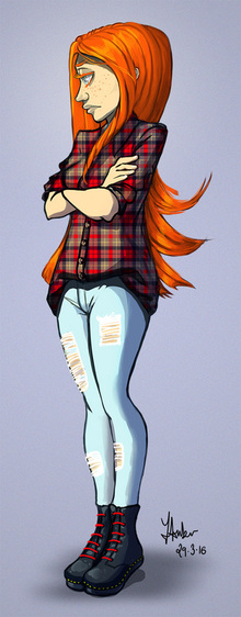 Sad angry teenage redhead girl in jeans, boots and plaid shirt with crossed arms
