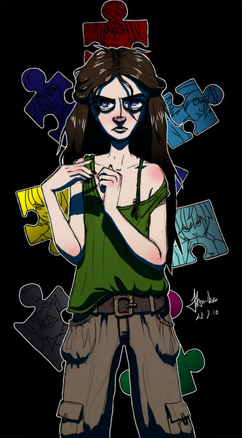 Haunted teenage girl with long brunette hair, in front of puzzle pieces