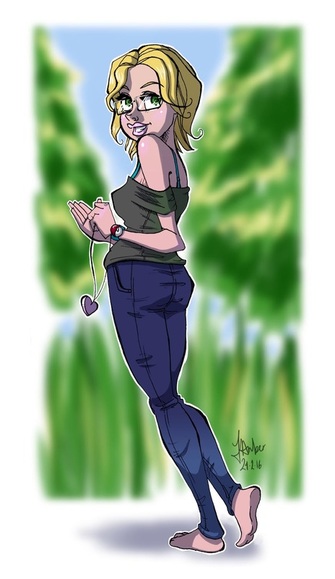 Blonde woman in jeans with Pokeball bracelet walks in the forest barefoot