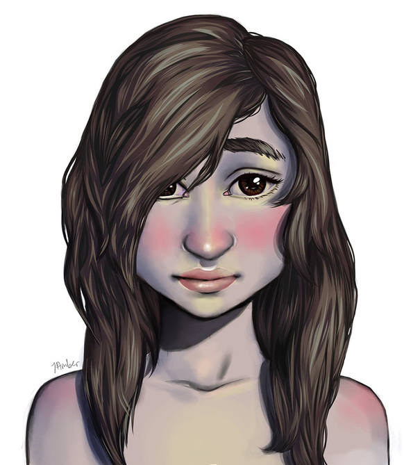 Digital painting of a young shy brunette woman
