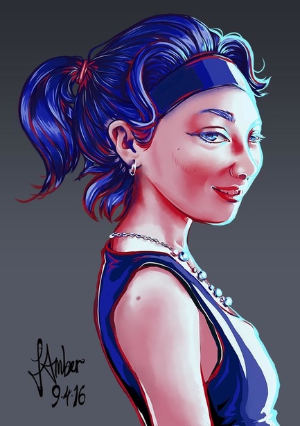 Teenage female with blue hair painted in pop art style